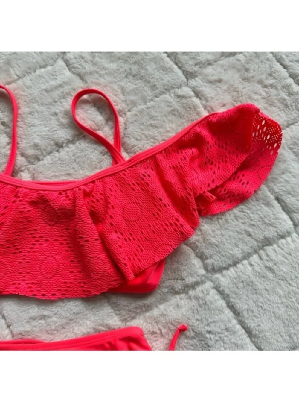 Xhilaration | Neon Coral Lace Ruffle Bikini Swimsuit Set | Size Medium (7/8)
